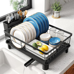 Compact Stainless Steel Dish Drying Rack with Utensil Holder and Drainboard