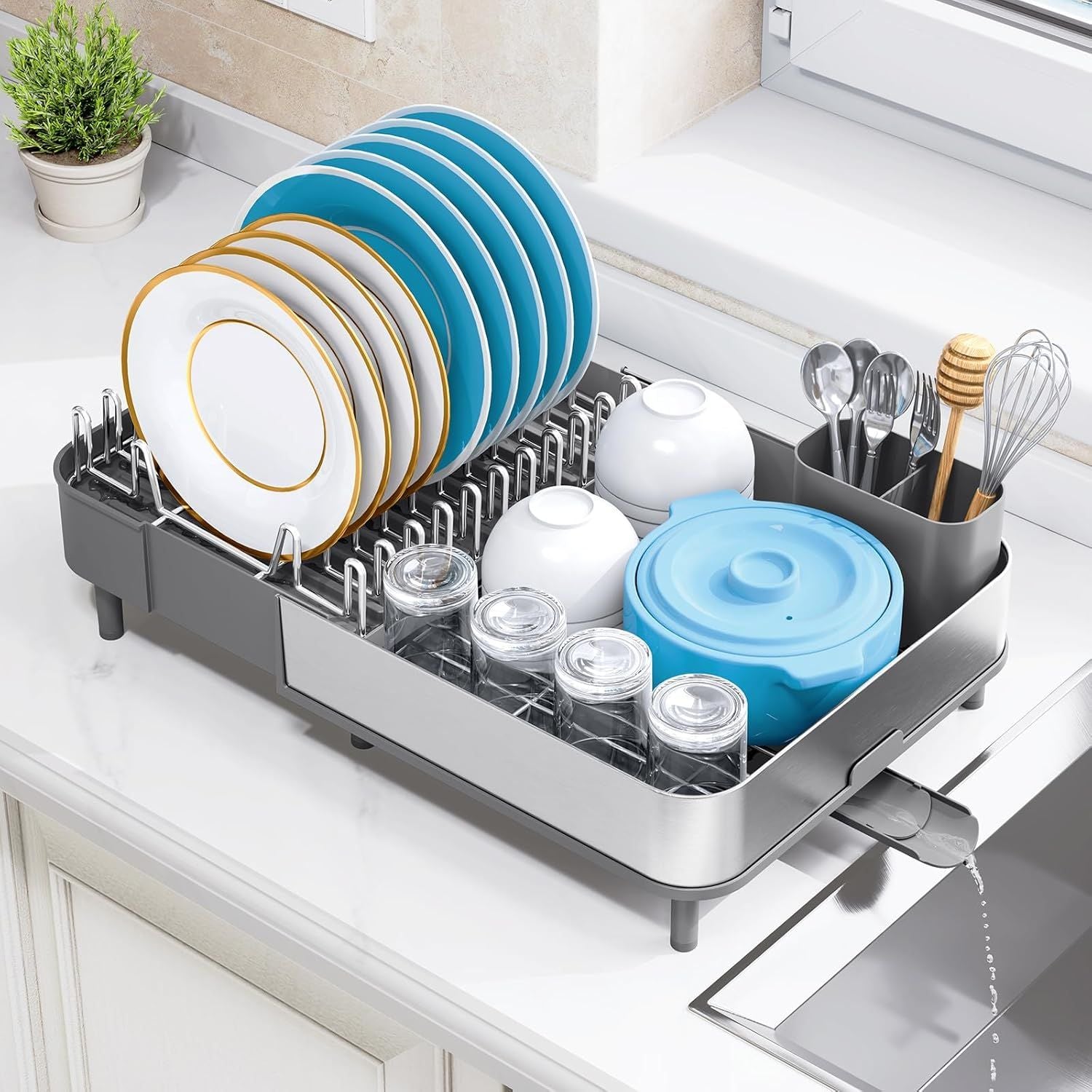 Space-Saving Dish Drying Rack with Removable Utensil Holder and Drain Board