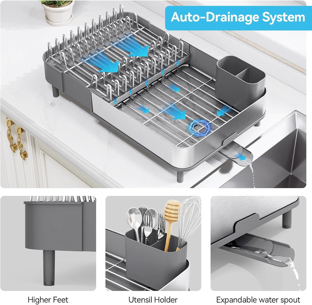 Space-Saving Dish Drying Rack with Removable Utensil Holder and Drain Board
