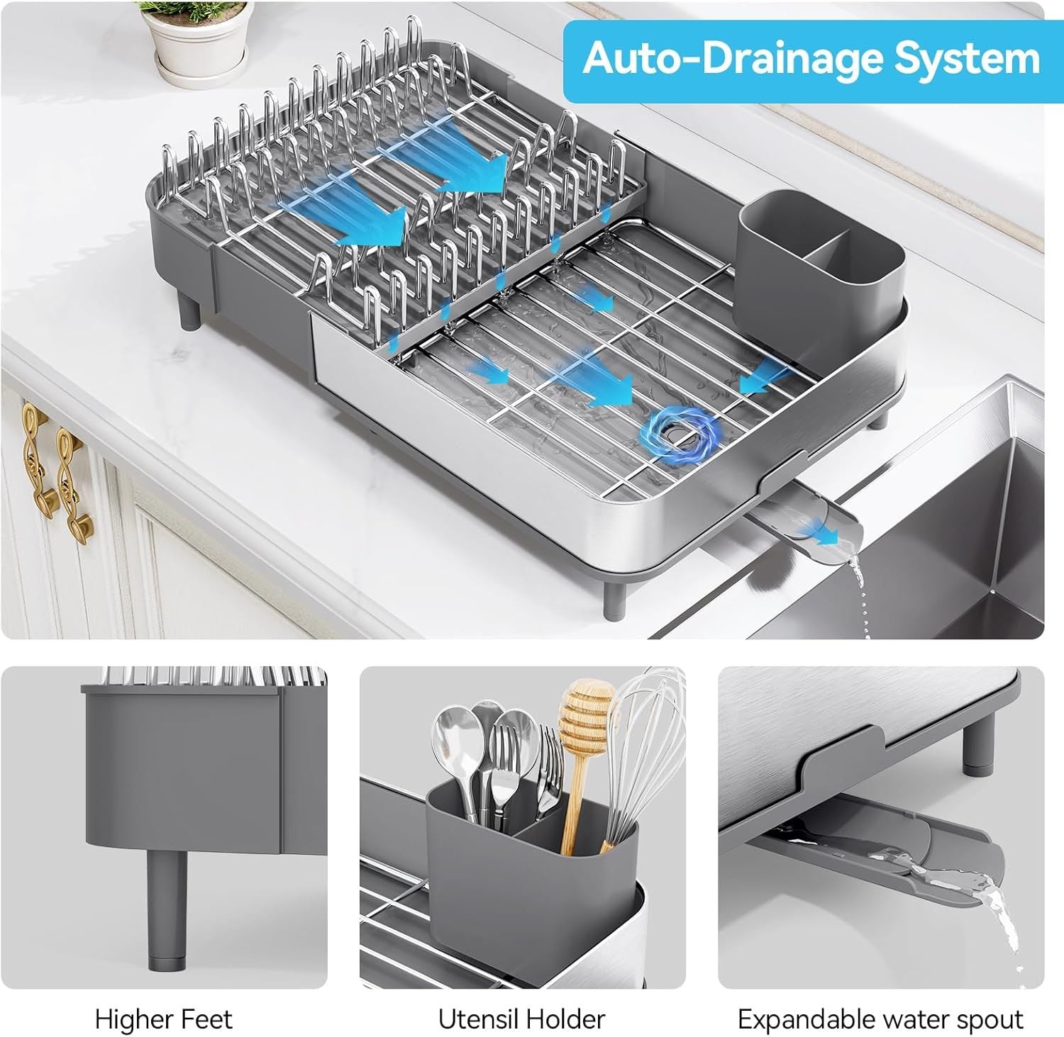 Space-Saving Dish Drying Rack with Removable Utensil Holder and Drain Board
