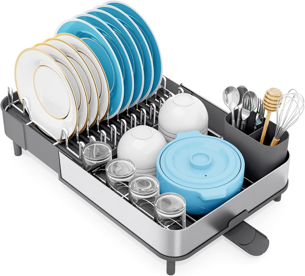 Space-Saving Dish Drying Rack with Removable Utensil Holder and Drain Board