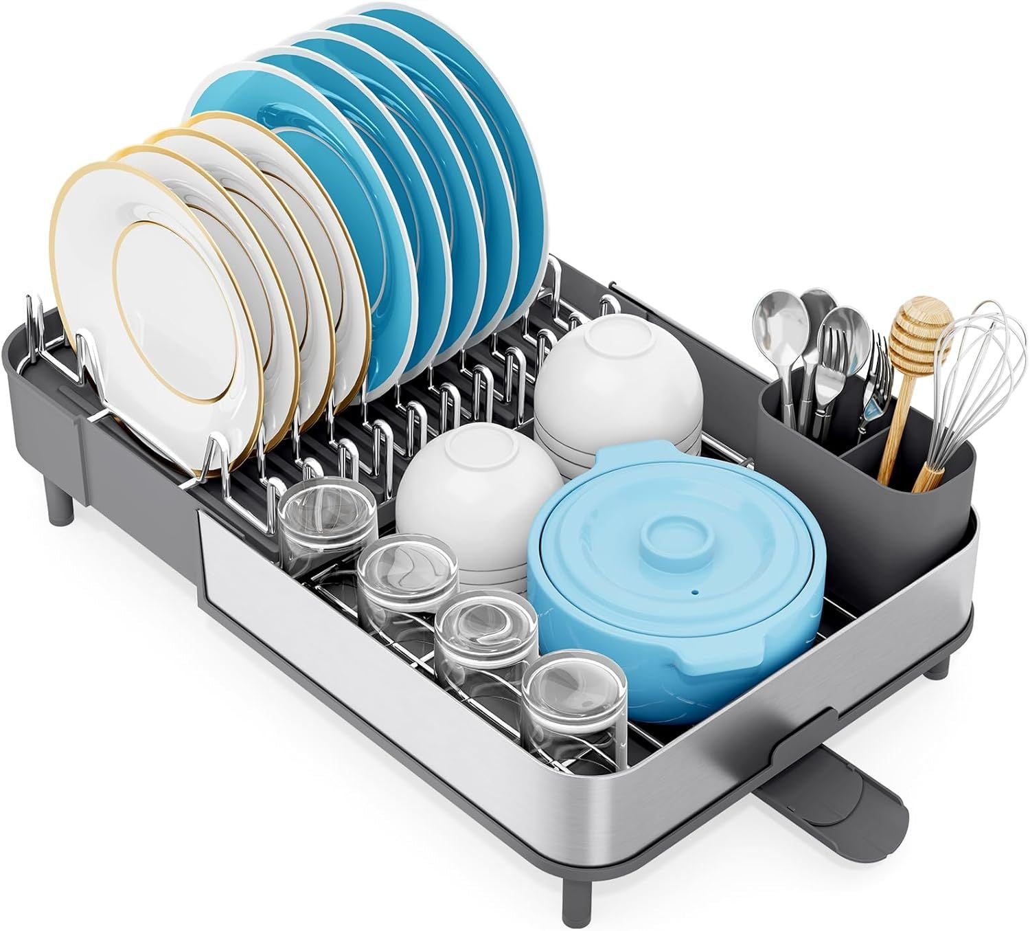 Space-Saving Dish Drying Rack with Removable Utensil Holder and Drain Board