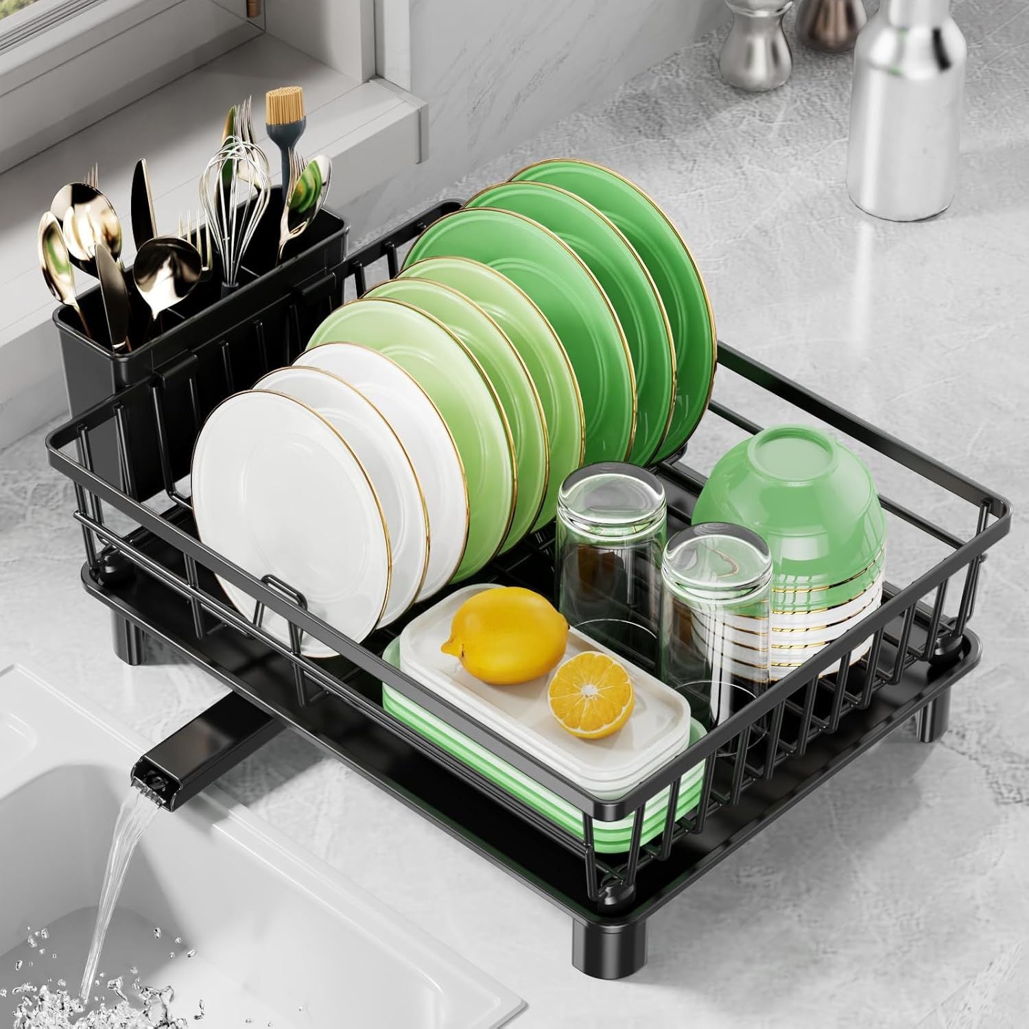 Stainless Steel Dish Drying Rack with Smart Drainage and Detachable Cutlery Holder