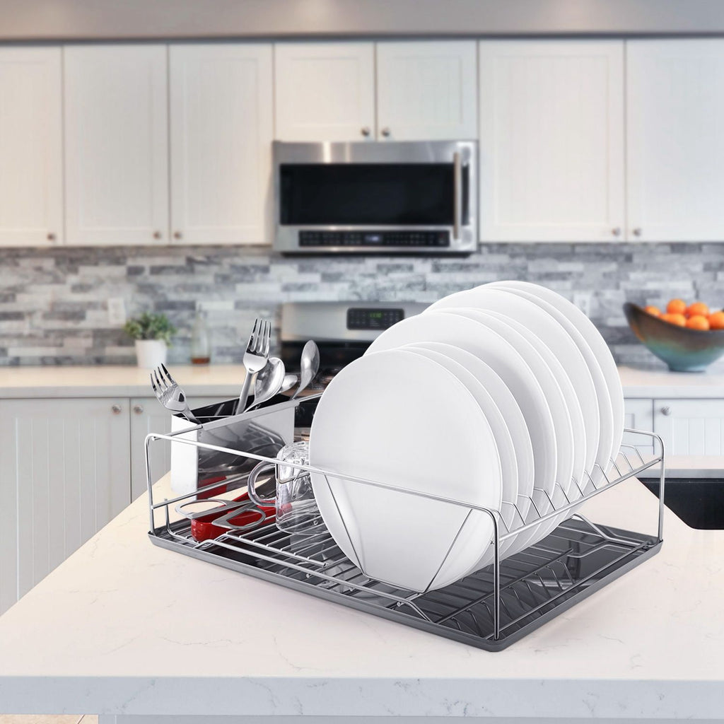 Single-Tier Dish Drying Rack with Divided Cutlery Holder