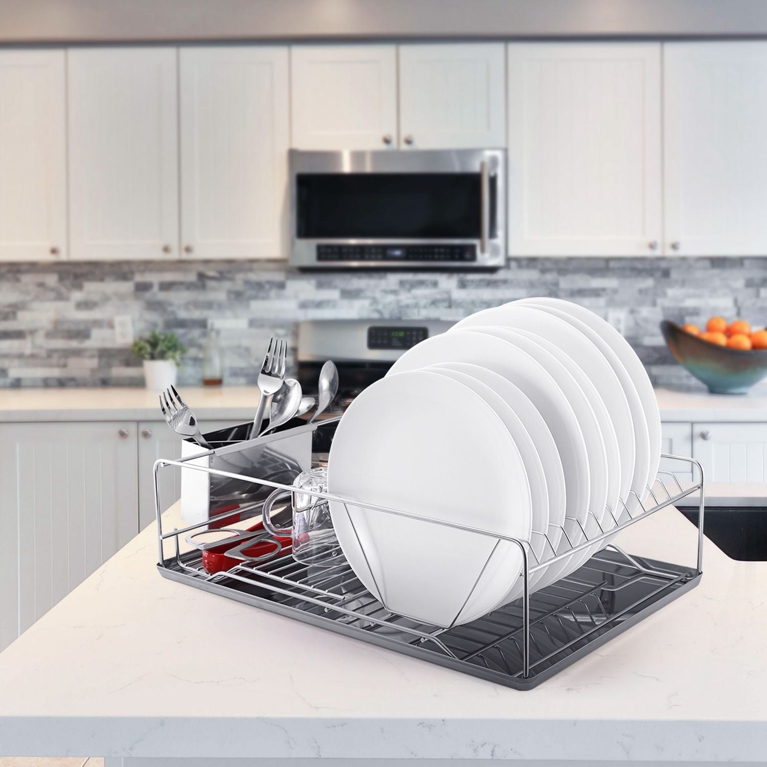 Single-Tier Dish Drying Rack with Divided Cutlery Holder