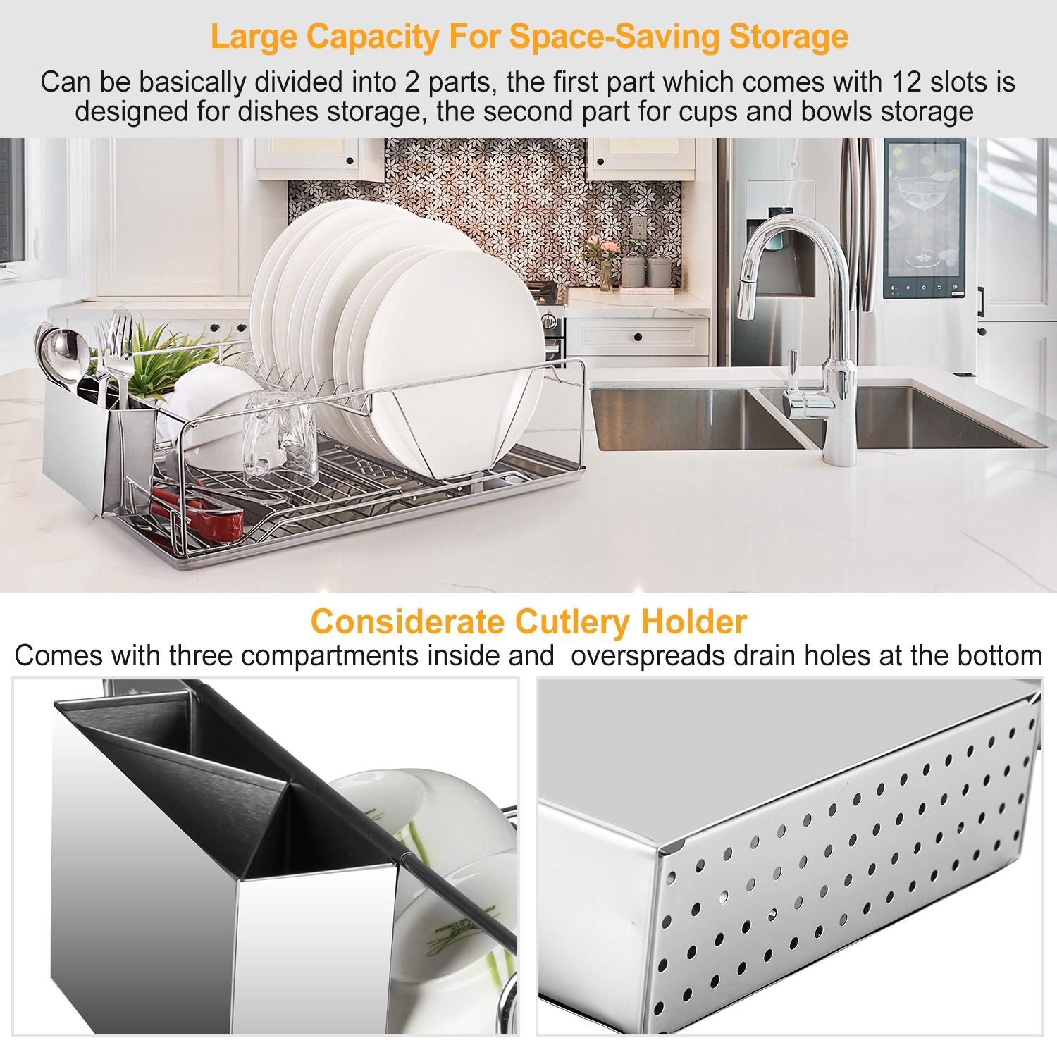 Single-Tier Dish Drying Rack with Divided Cutlery Holder