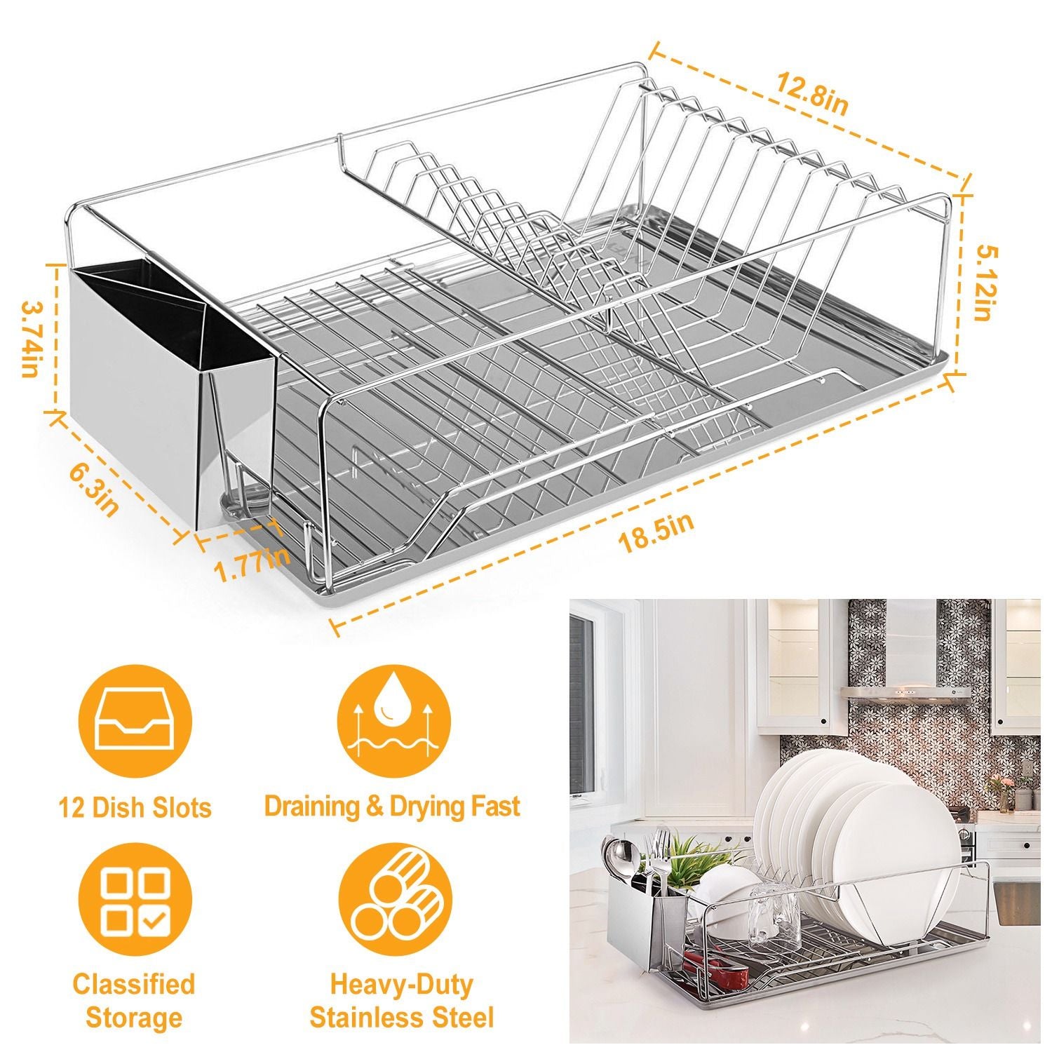 Stainless Steel Dish Drying Rack with Drainboard and Cutlery Holder