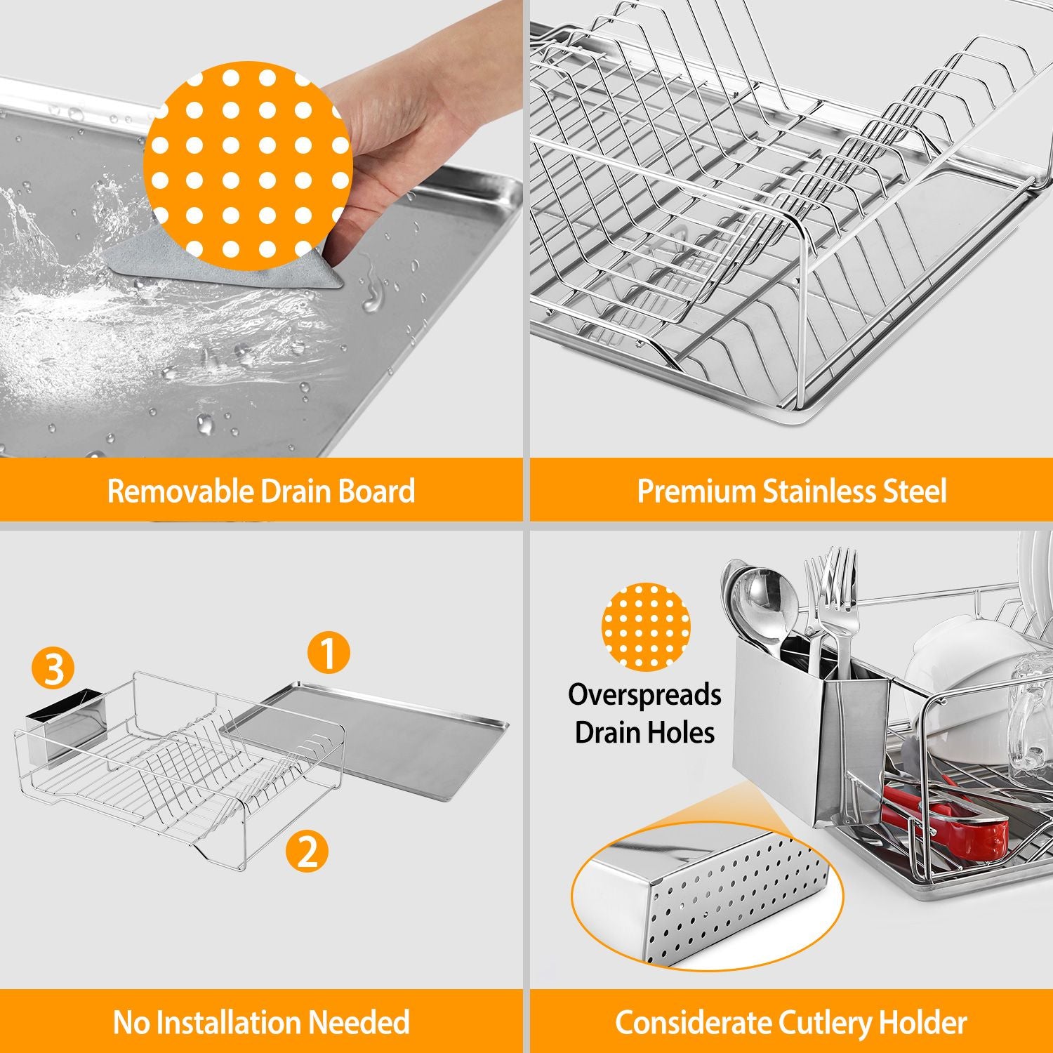 Single-Tier Dish Drying Rack with Divided Cutlery Holder