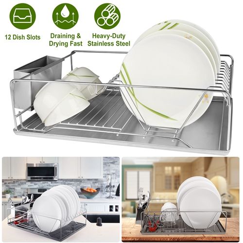 Stainless Steel Dish Drying Rack with Drainboard and Cutlery Holder