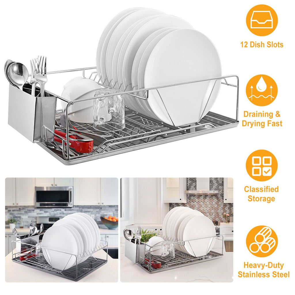 Single-Tier Dish Drying Rack with Divided Cutlery Holder