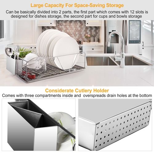 Stainless Steel Dish Drying Rack with Drainboard and Cutlery Holder