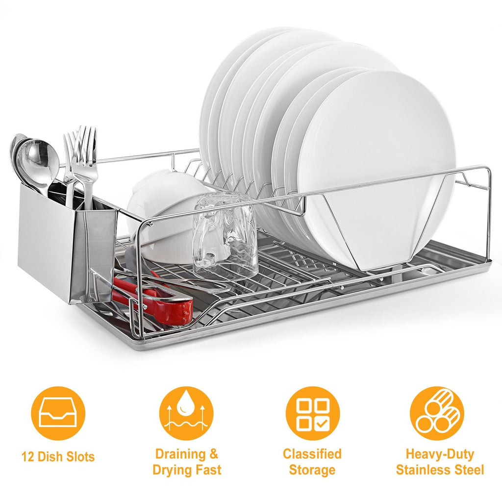 Stainless Steel Dish Drying Rack with Drainboard and Cutlery Holder
