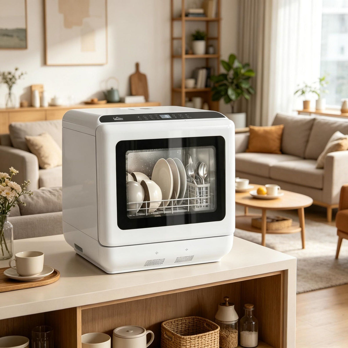 Compact Countertop Dishwasher with 5 Wash Cycles and Holiday Mode
