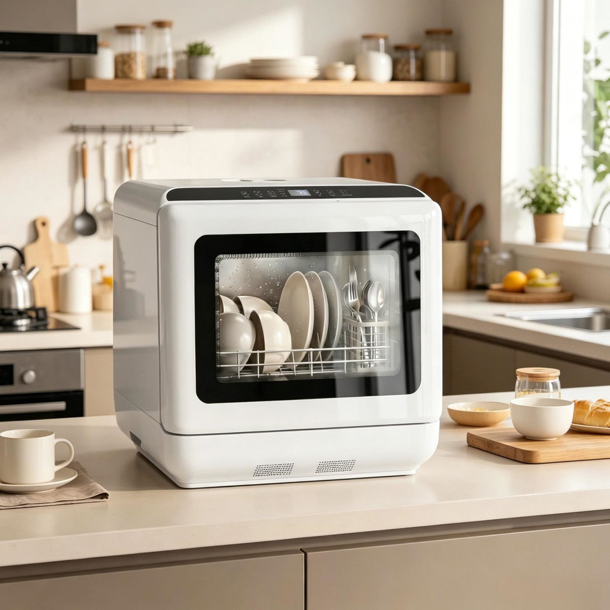 Compact Countertop Dishwasher with 5 Wash Cycles and Holiday Mode