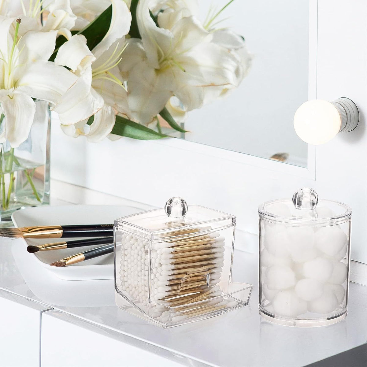 Clear Bathroom Jar Dispenser for Cotton Balls, Swabs, and Floss Picks