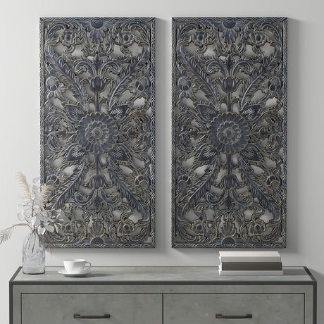 Distressed Lotus Wall Decor Set with Gold Accents