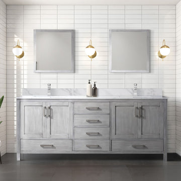 Distressed Gray Double Vanity with Open Shelf Storage