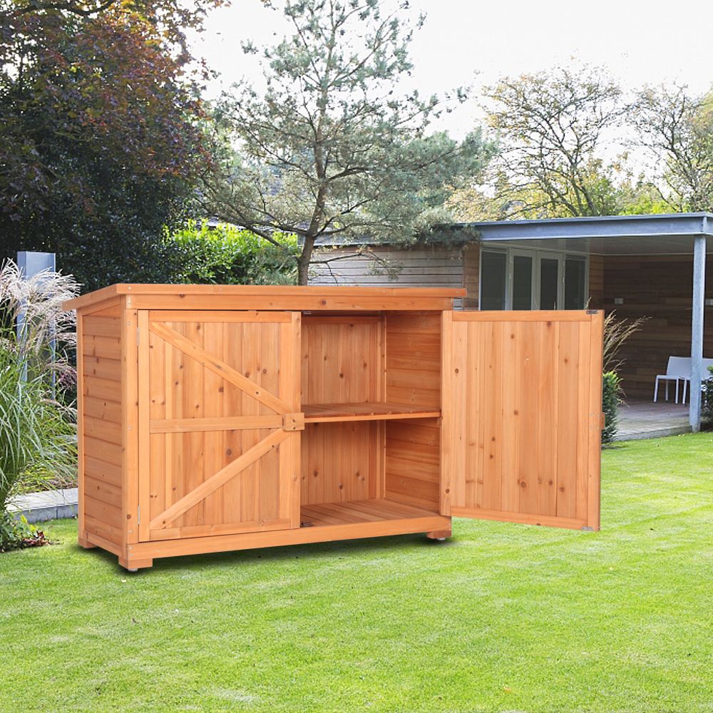 Double Doors Fir Wooden Garden Yard Shed Lockers Outdoor Storage Cabinet Unit Orange Red