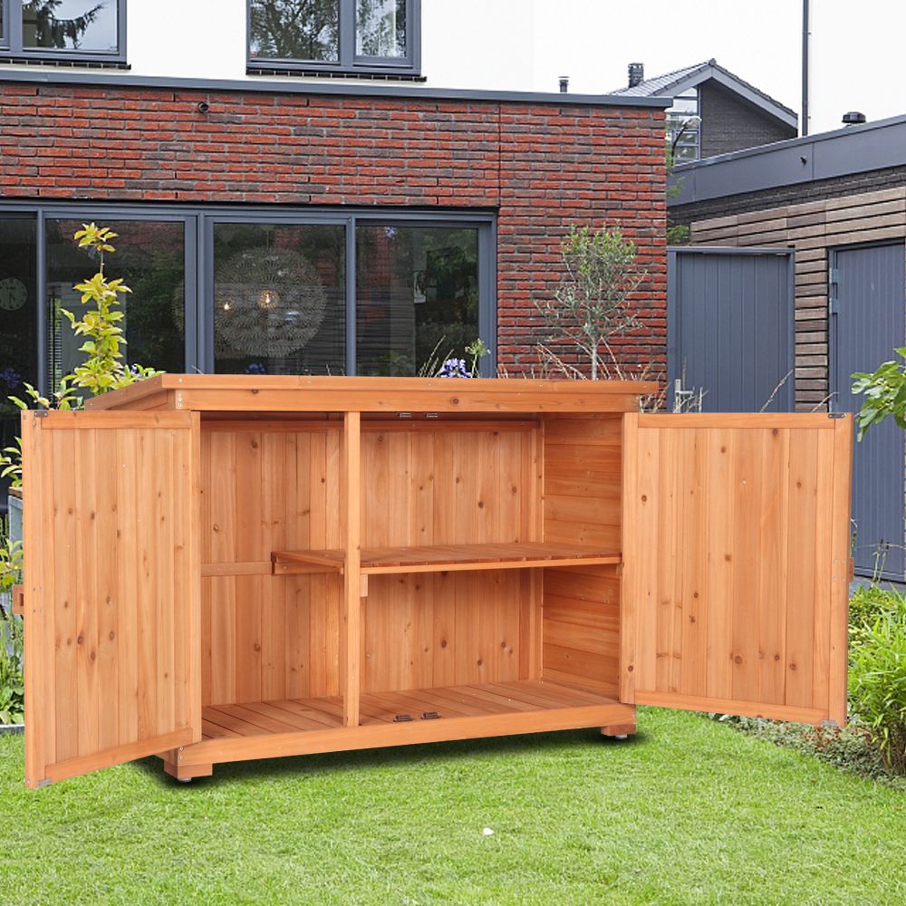 Double Doors Fir Wooden Garden Yard Shed Lockers Outdoor Storage Cabinet Unit Orange Red
