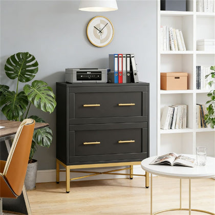 Stylish White 2-Drawer Lateral Filing Cabinet with Gold Legs