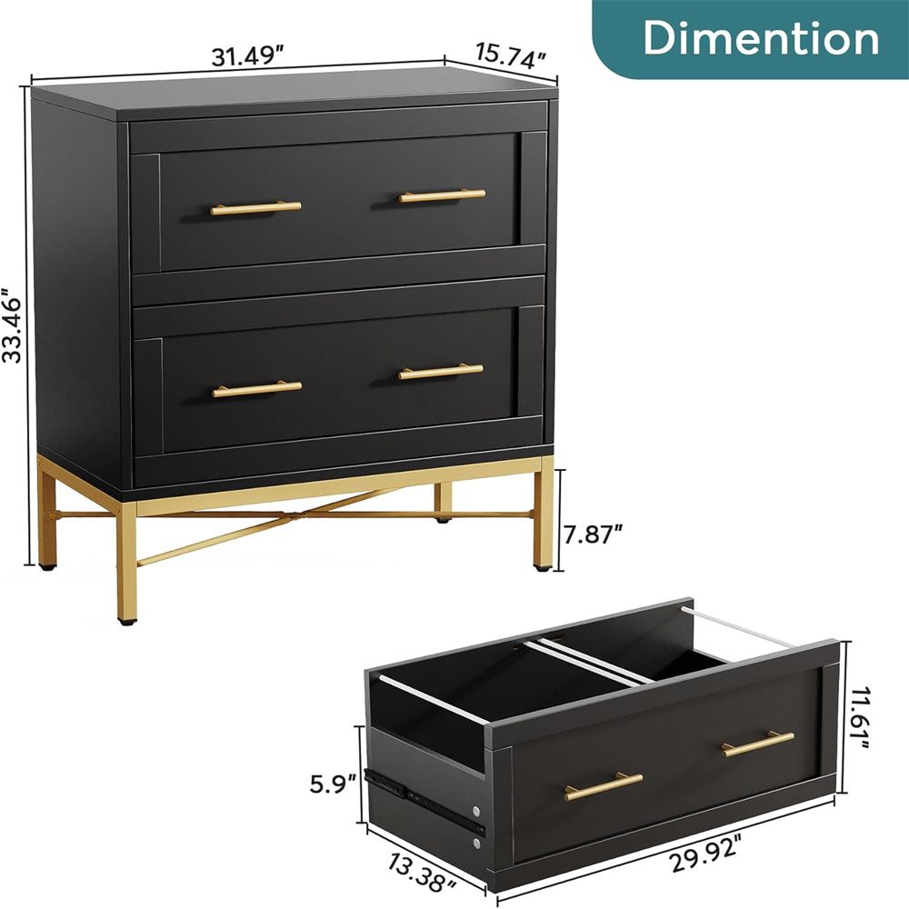 Stylish White 2-Drawer Lateral Filing Cabinet with Gold Legs