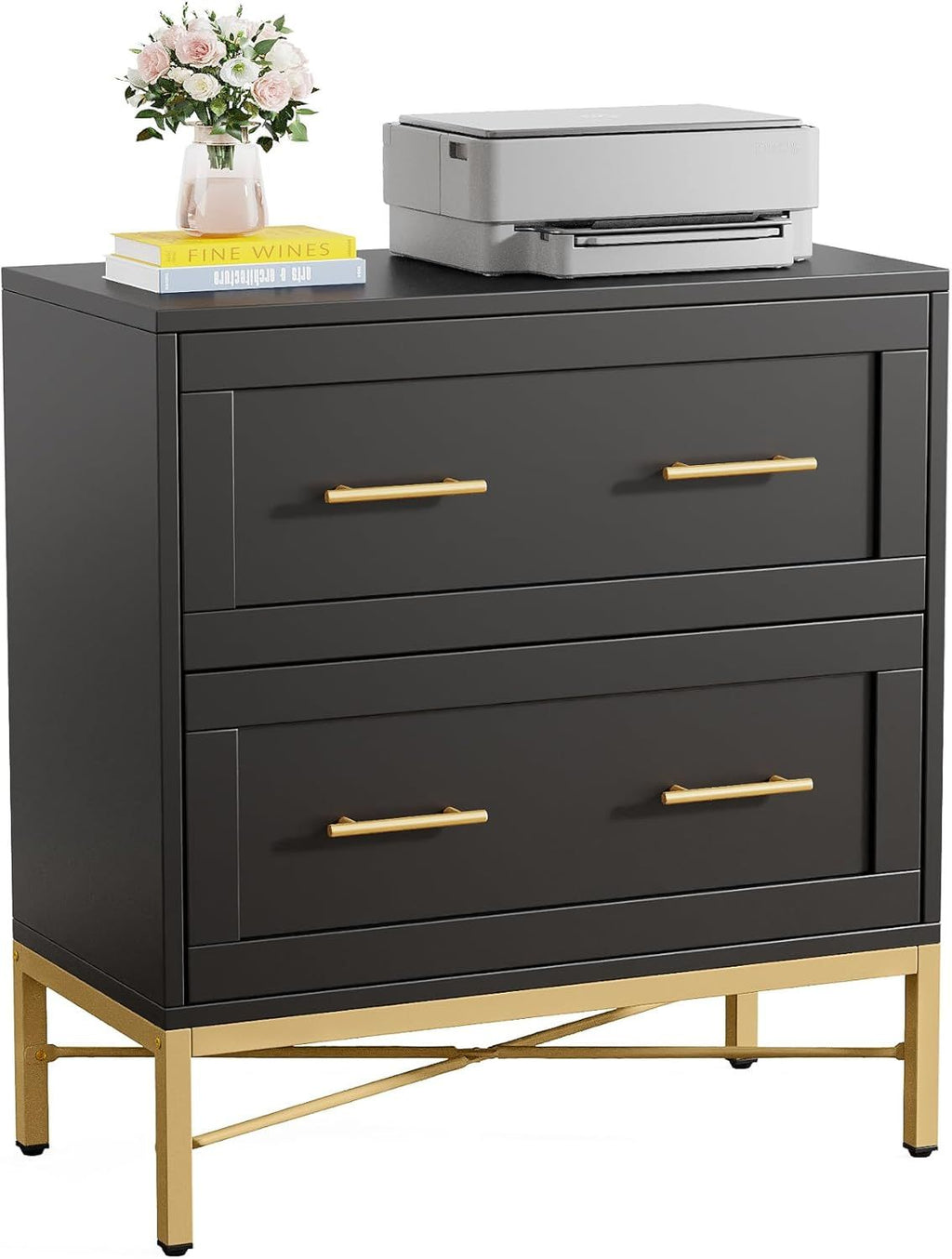 Stylish White 2-Drawer Lateral Filing Cabinet with Gold Legs