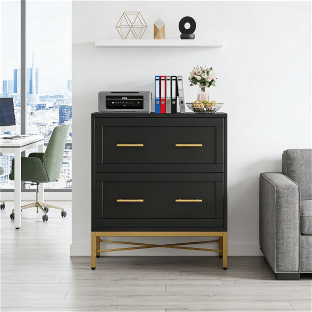 Stylish White 2-Drawer Lateral Filing Cabinet with Gold Legs