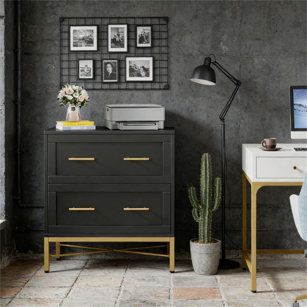 Stylish White 2-Drawer Lateral Filing Cabinet with Gold Legs