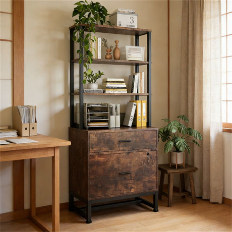 Double Drawer Filing Cabinet with Lockable Storage and Open Bookshelf