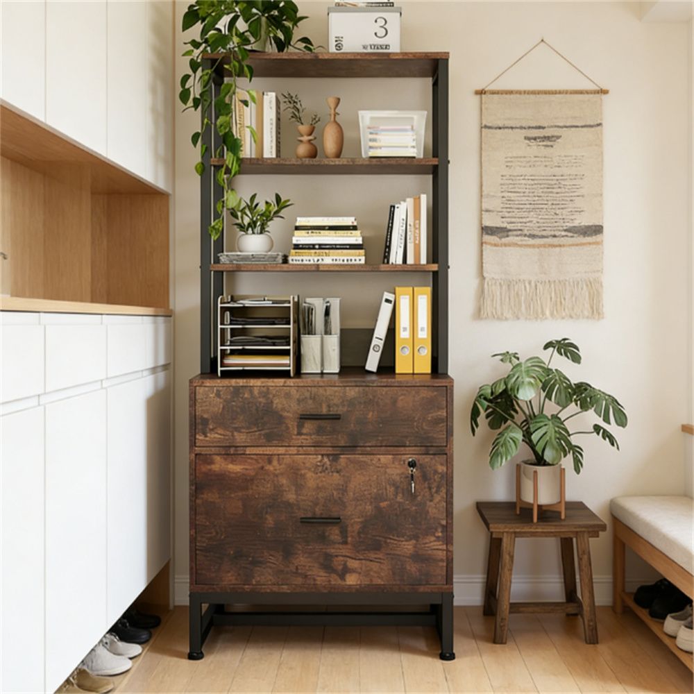 Double Drawer Filing Cabinet with Lockable Storage and Open Bookshelf
