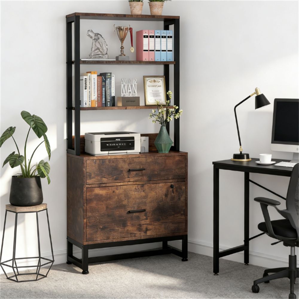 Double Drawer Filing Cabinet with Lockable Storage and Open Bookshelf