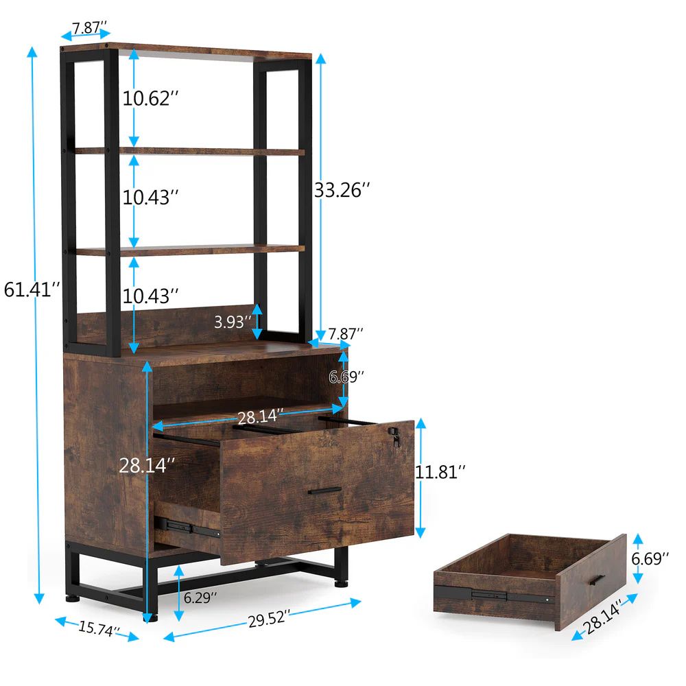 Double Drawer Filing Cabinet with Lockable Storage and Open Bookshelf