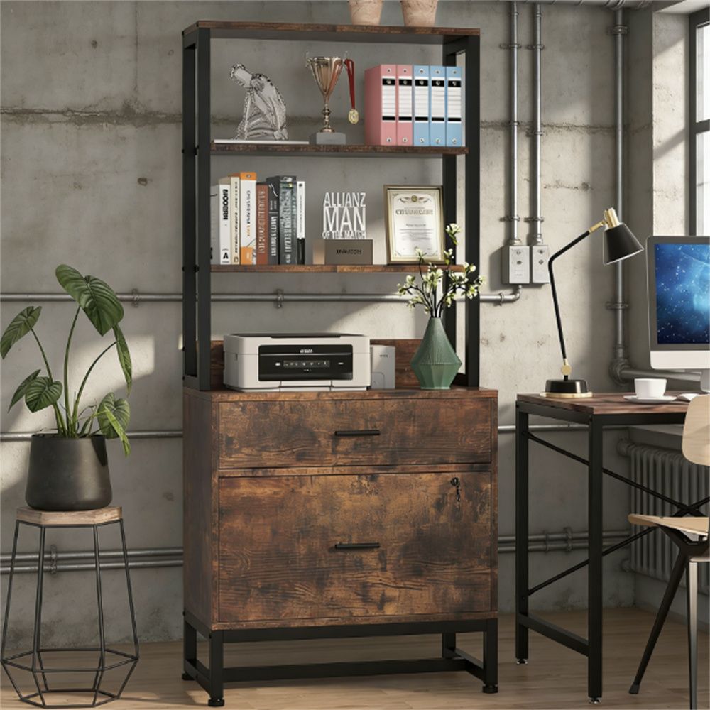 Double Drawer Filing Cabinet with Lockable Storage and Open Bookshelf