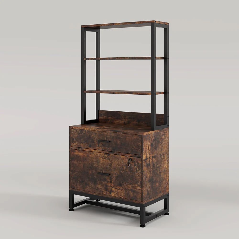 Double Drawer Filing Cabinet with Lockable Storage and Open Bookshelf