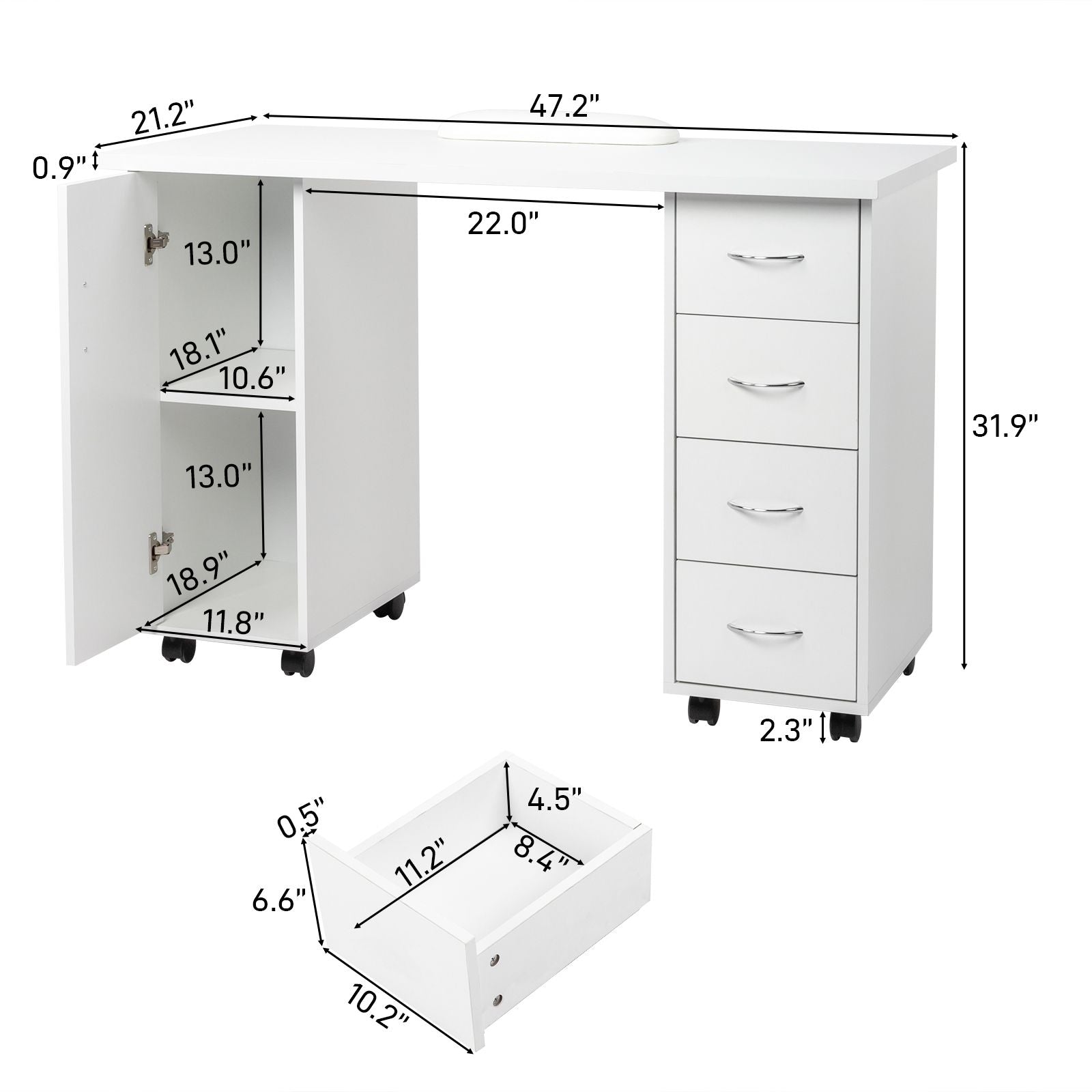 White Double Edged Manicure Nail Table with Drawer