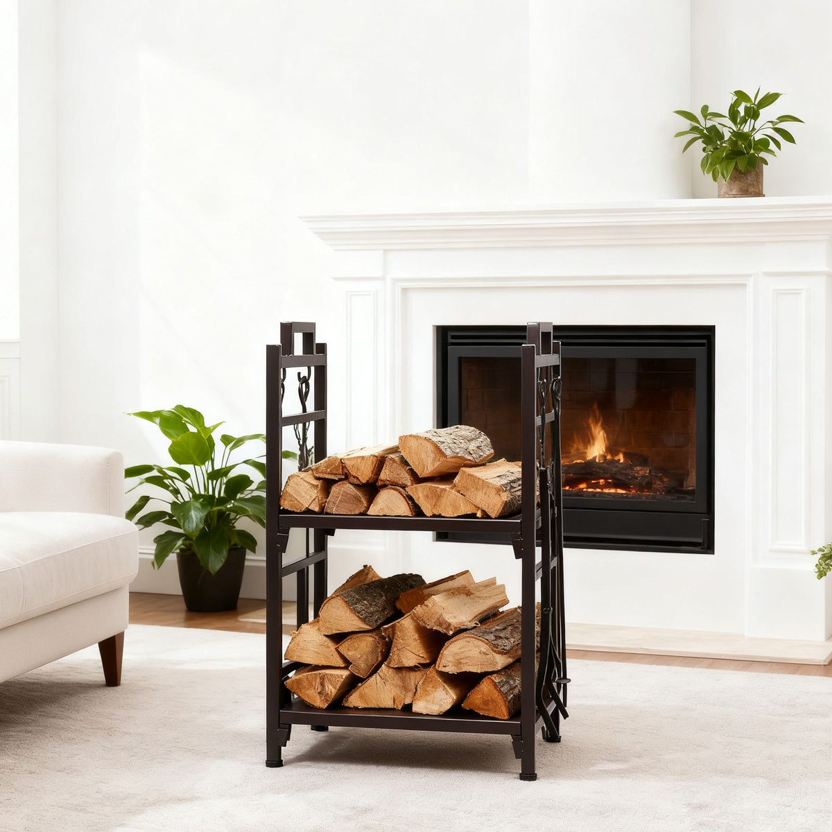 Double-Layer Firewood Rack with Tools and Animal Motif