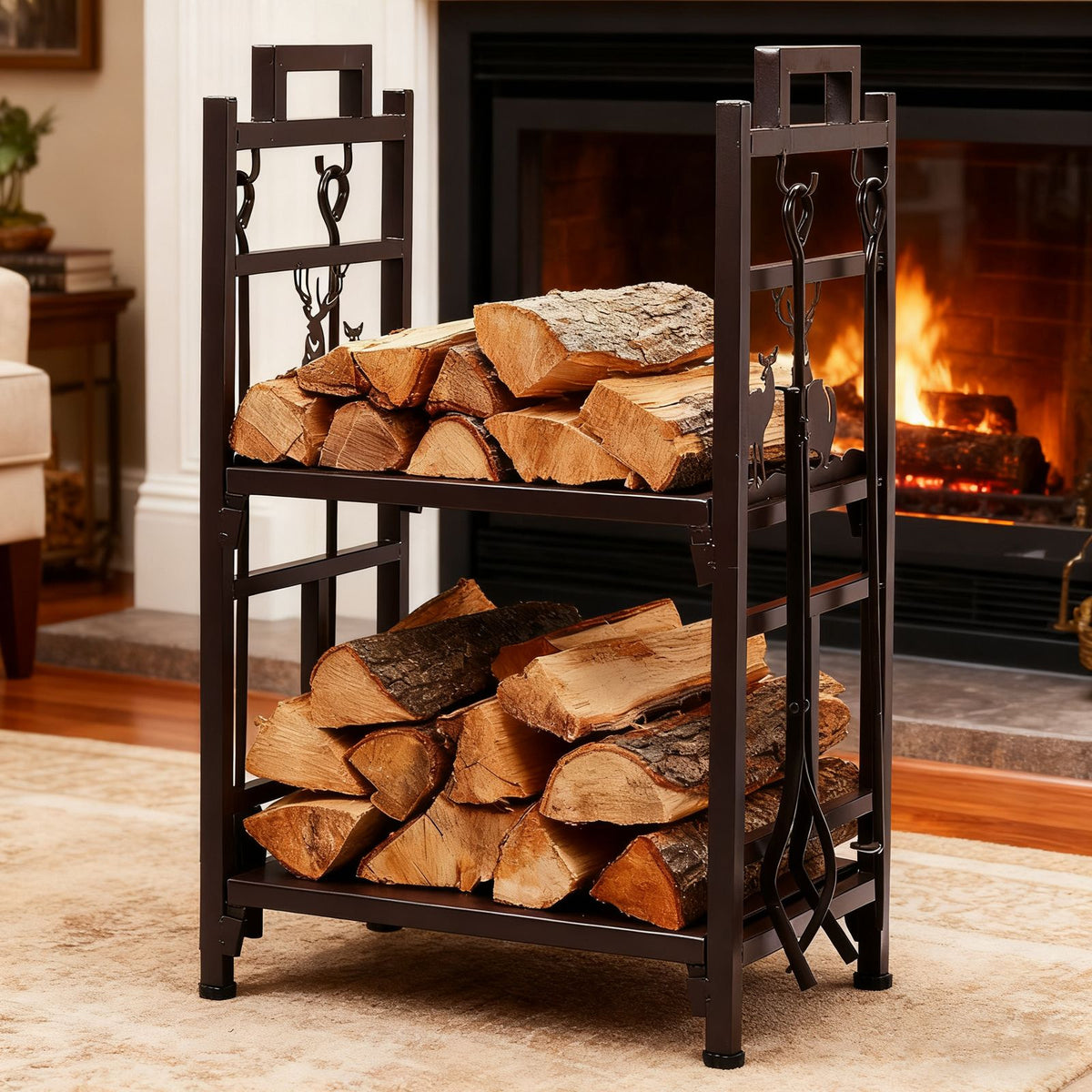 Double-Layer Firewood Rack with Tools and Animal Motif