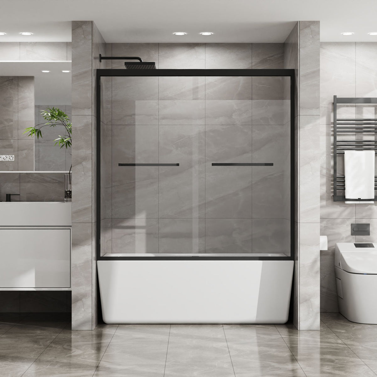 Double Sliding Bathtub Shower Door x Matte Black Tempered Glass Enclosure