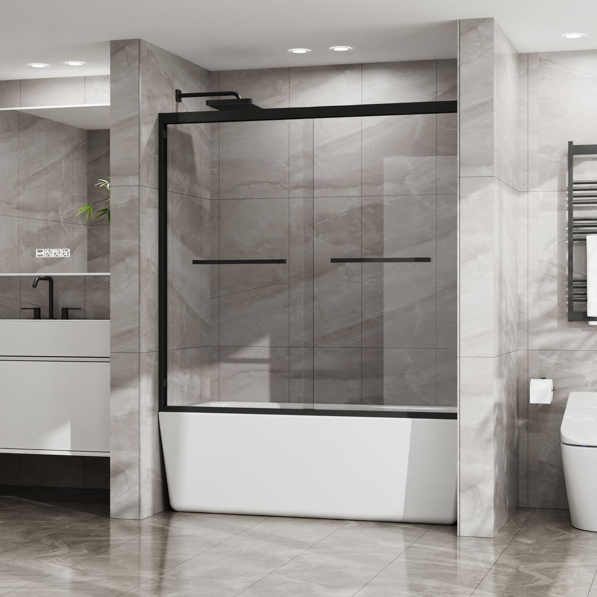 Double Sliding Bathtub Shower Door x Matte Black Tempered Glass Enclosure