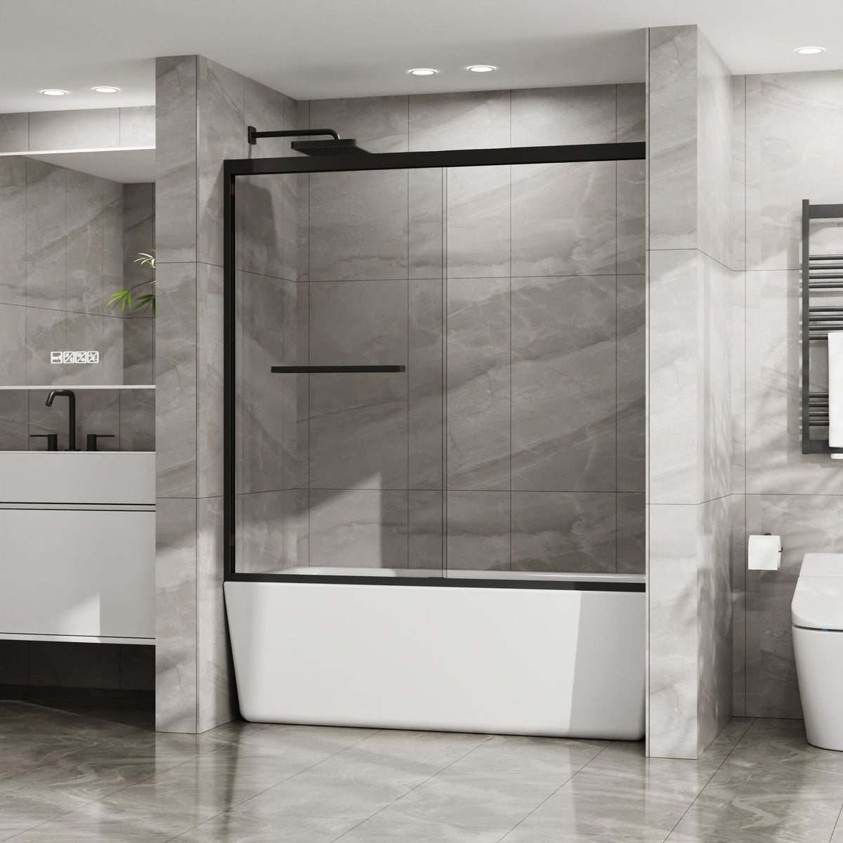 Double Sliding Bathtub Shower Door x Matte Black Tempered Glass Enclosure