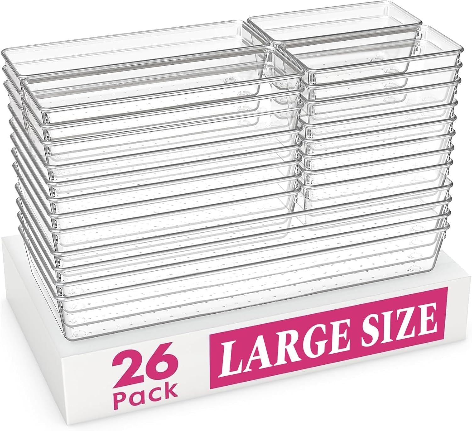 26-Pack Clear Drawer Organizers in 5 Sizes for Kitchen, Bathroom, and Office