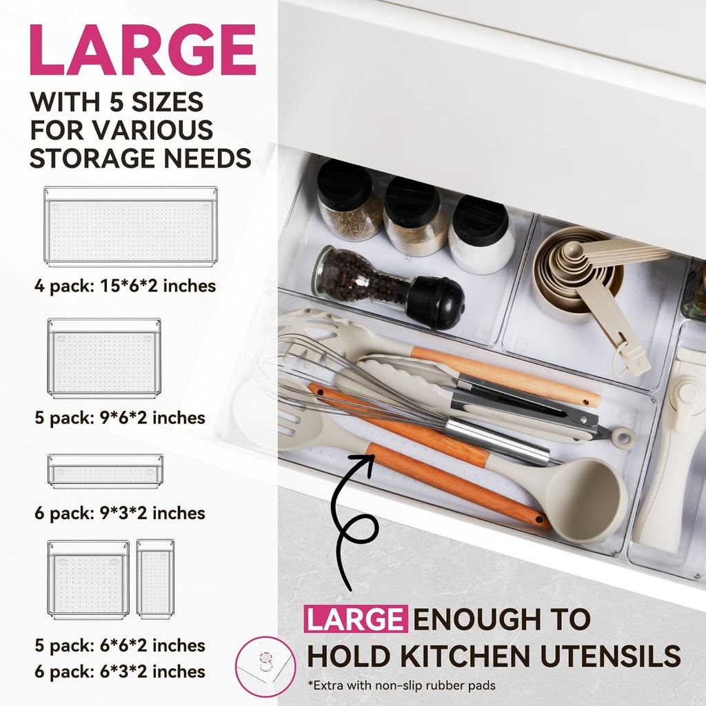 26-Pack Clear Drawer Organizers in 5 Sizes for Kitchen, Bathroom, and Office