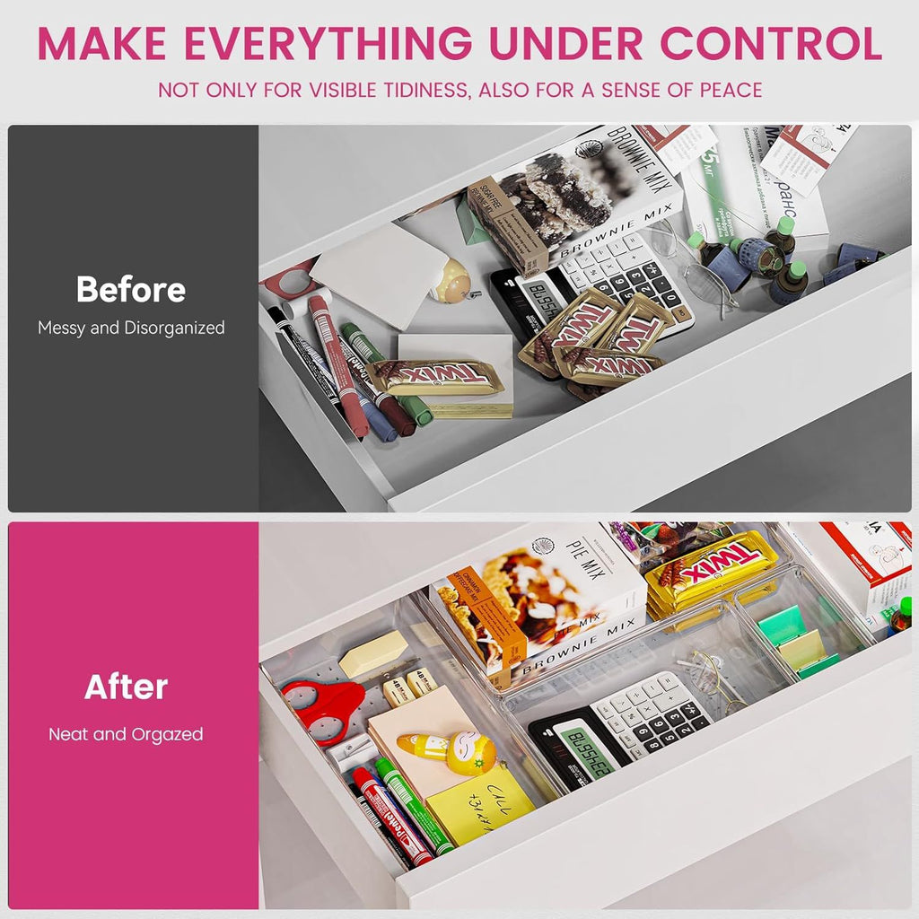 26-Pack Clear Drawer Organizers in 5 Sizes for Kitchen, Bathroom, and Office