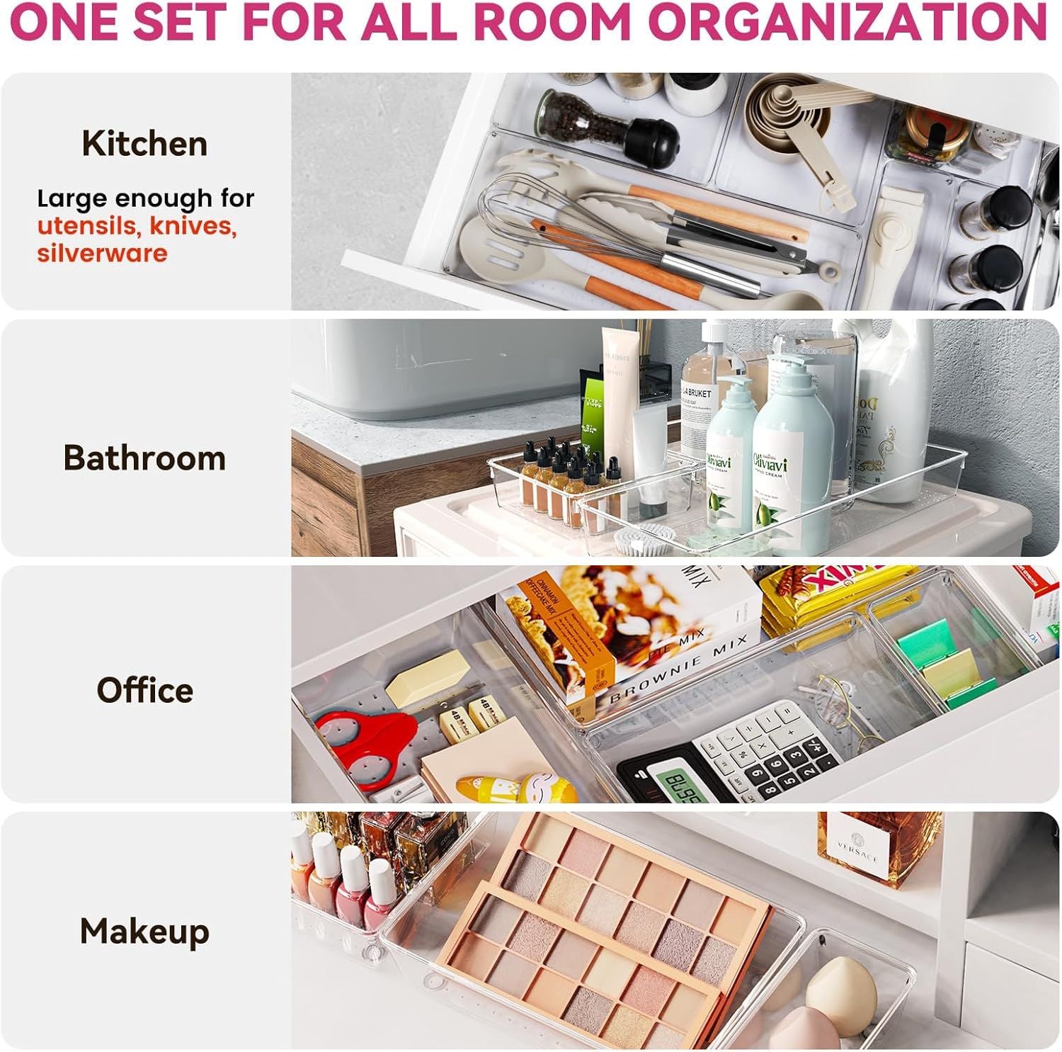 26-Pack Clear Drawer Organizers in 5 Sizes for Kitchen, Bathroom, and Office