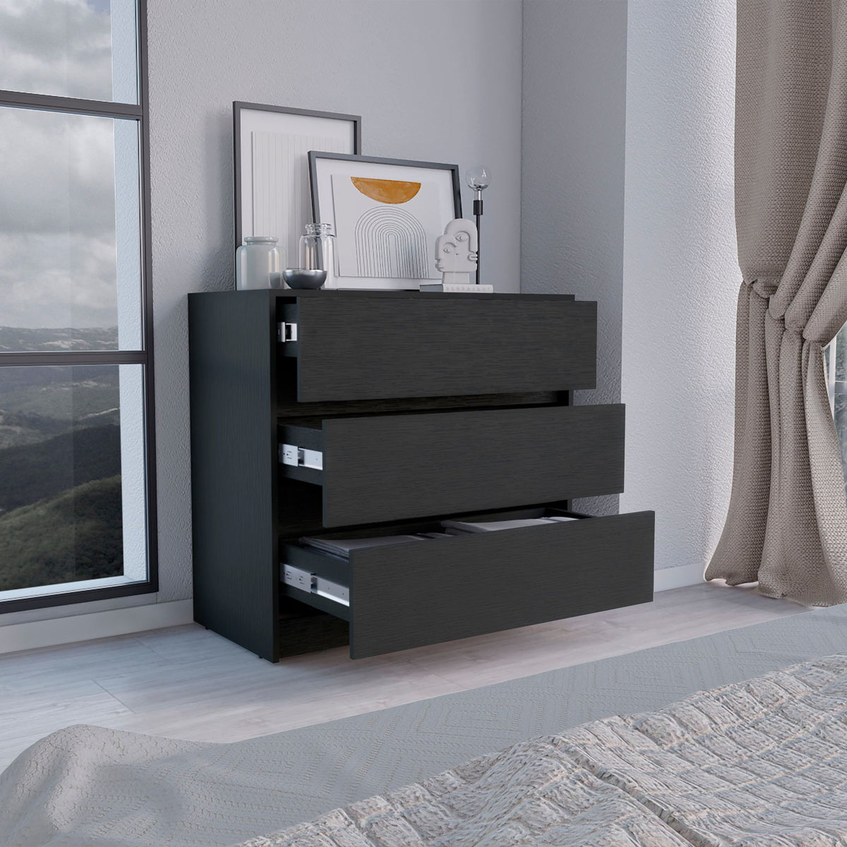 Sleek Black Three-Drawer Dresser