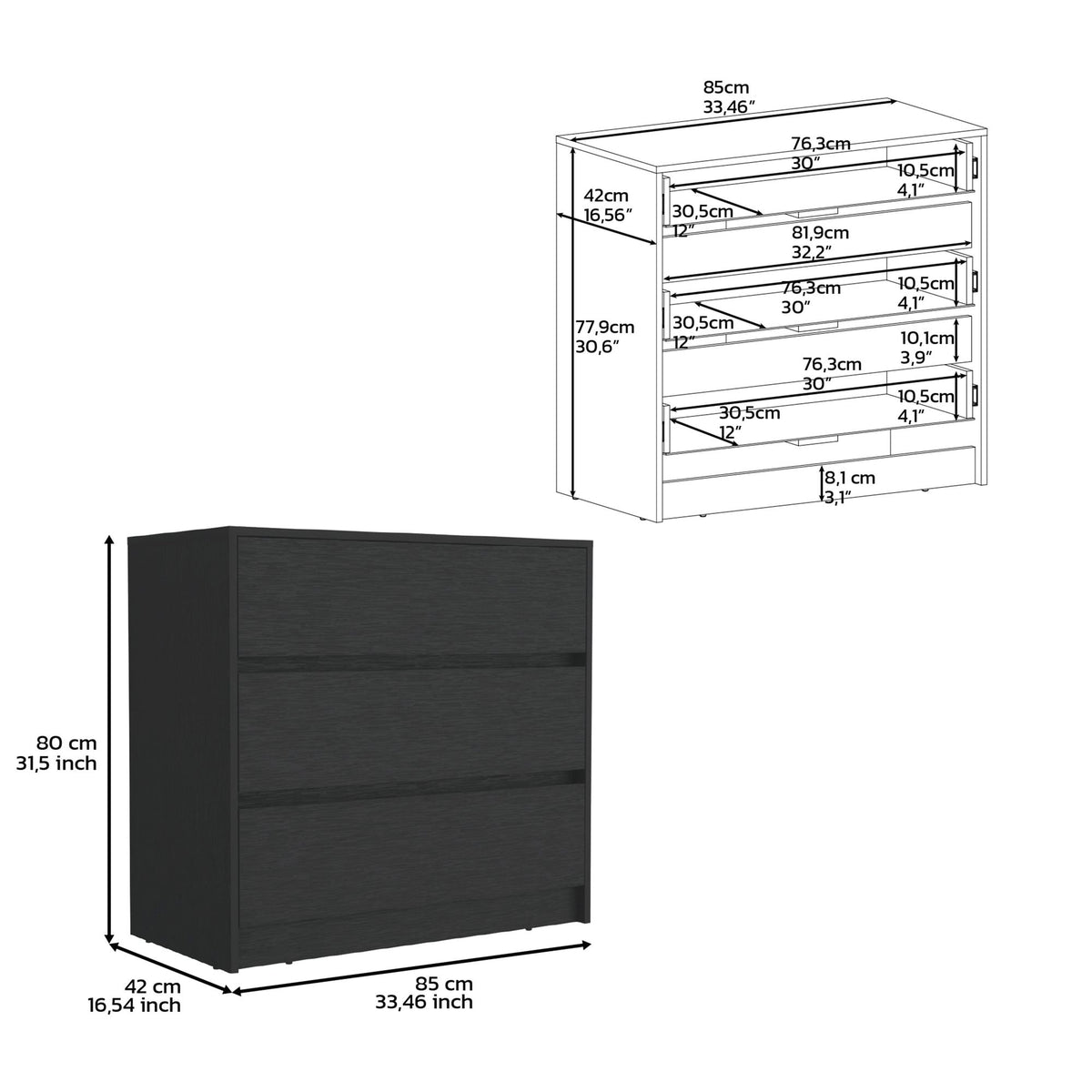 Sleek Black Three-Drawer Dresser