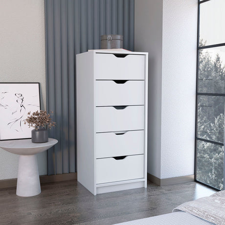 Dresser 42"H, 5 Drawers, Slim Storage Chest of Drawers, White