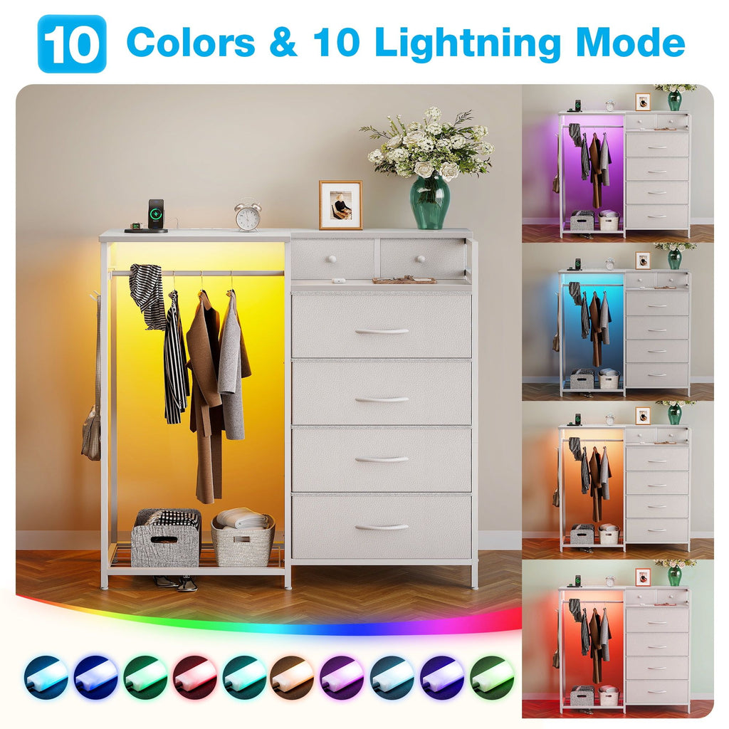 Bedroom Dresser with Clothes Rack, Charging and LED Lights