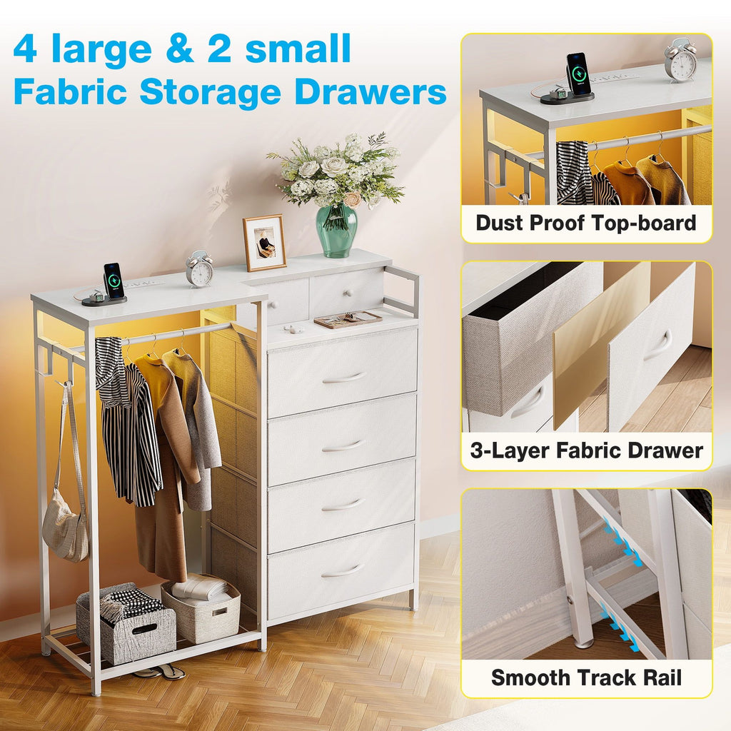 Bedroom Dresser with Clothes Rack, Charging and LED Lights