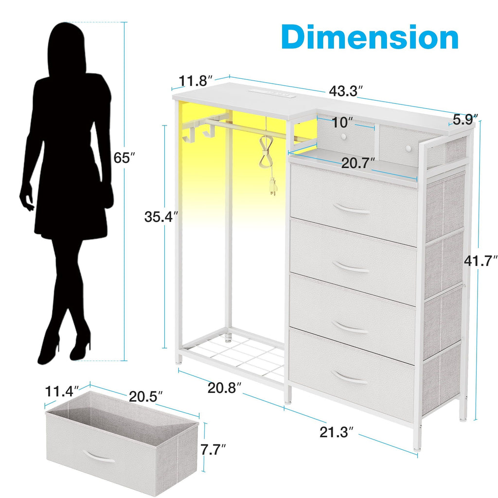 Bedroom Dresser with Clothes Rack, Charging and LED Lights
